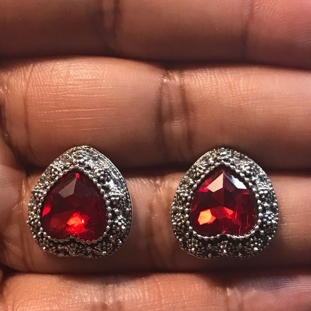 Vintage Upside Down Heart-Shaped Red and Silver Plated Gemstone Earrings